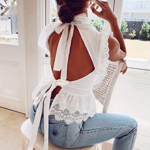 Backless Lace Broderie Ruffle Top