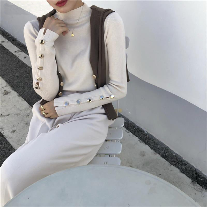Button Sleeves Mock Neck Sweater