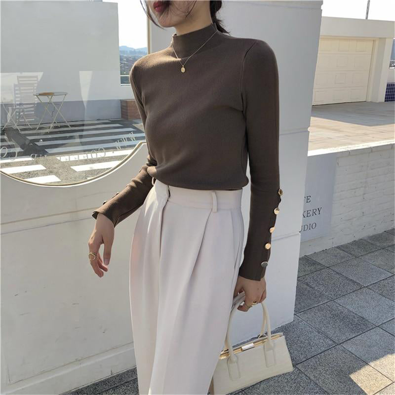 Button Sleeves Mock Neck Sweater