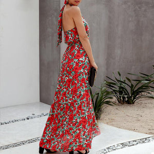 Floral Bliss Halter Maxi Dress | Hawaiian Red