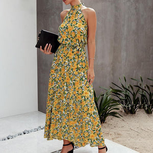 Floral Bliss Halter Maxi Dress | Tropical Yellow