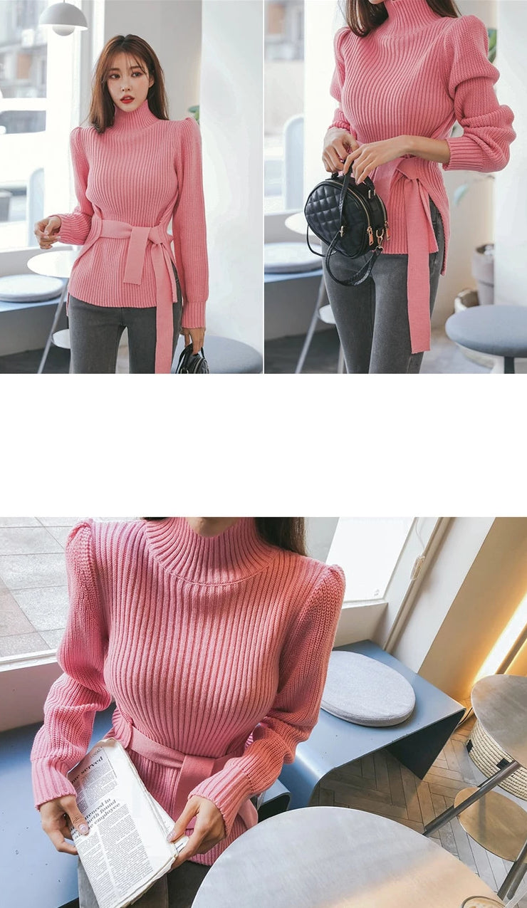 Puff Shoulders Front Bow Turtleneck Sweater