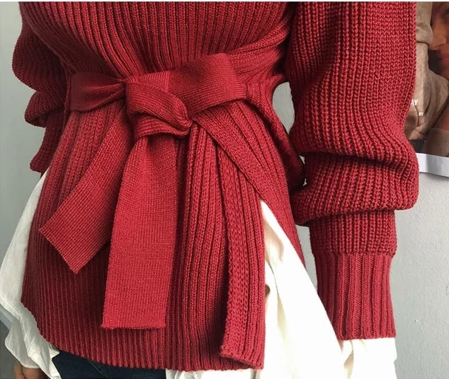 Puff Shoulders Front Bow Turtleneck Sweater