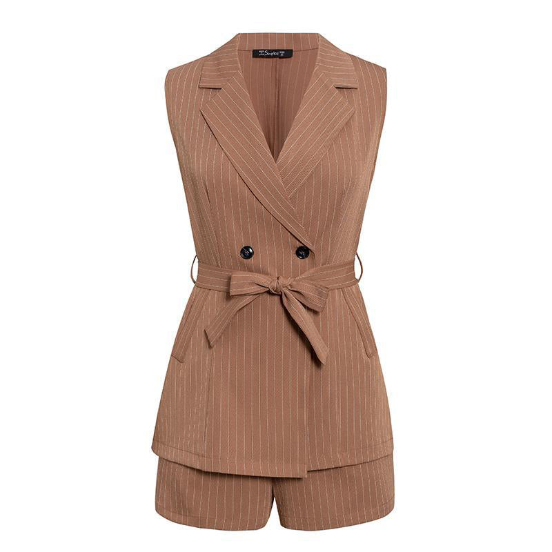 Hazelnut Pinstripes Blazer Vest Suit Set with Sash