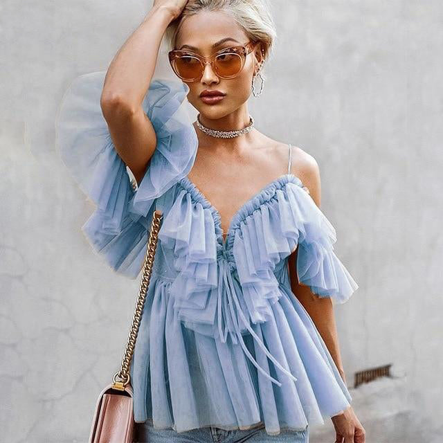 Julia Tulle Off Shoulder Ruffle Top | Baby Blue