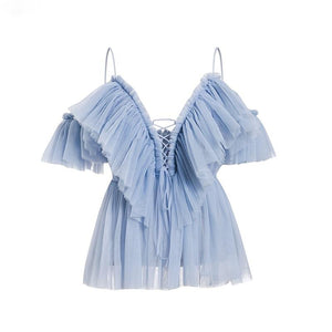 Julia Tulle Off Shoulder Ruffle Top | Baby Blue