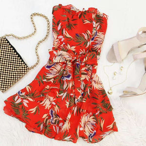 Red Floral Ruffle Layer Strapless Dress