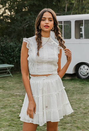 White Lace Ruffle Cropped Top and Skirt Set