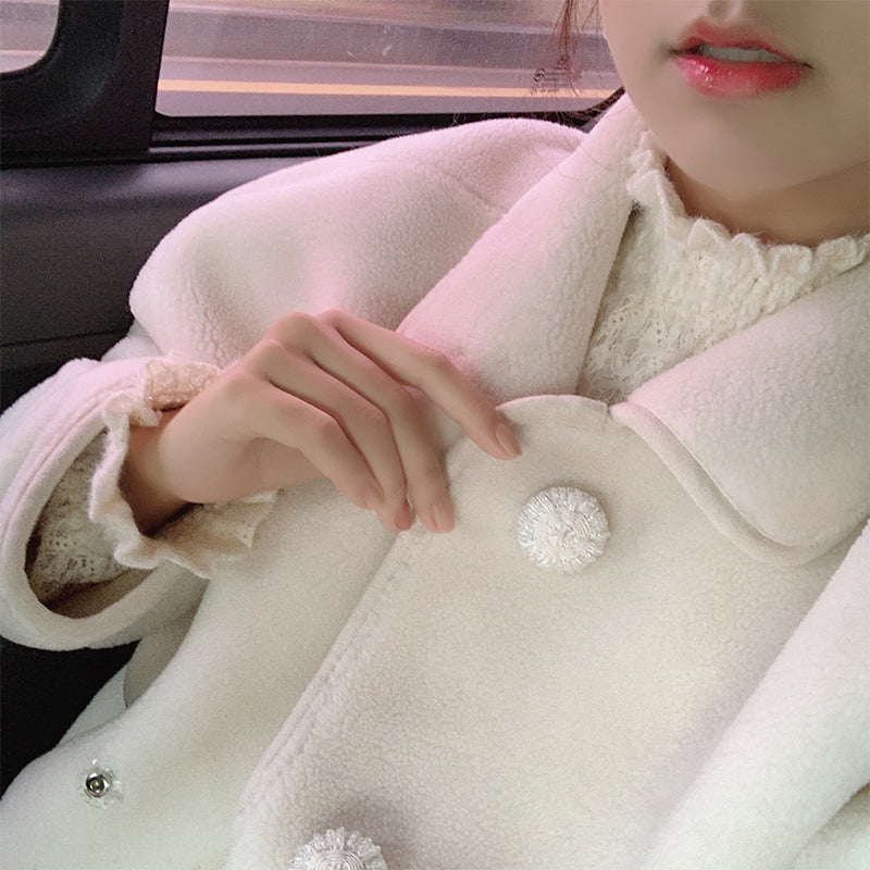 White Long Fleece Coat with Crochet Buttons