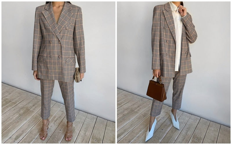 Khaki Plaid Loose Fit Blazer Suit Set