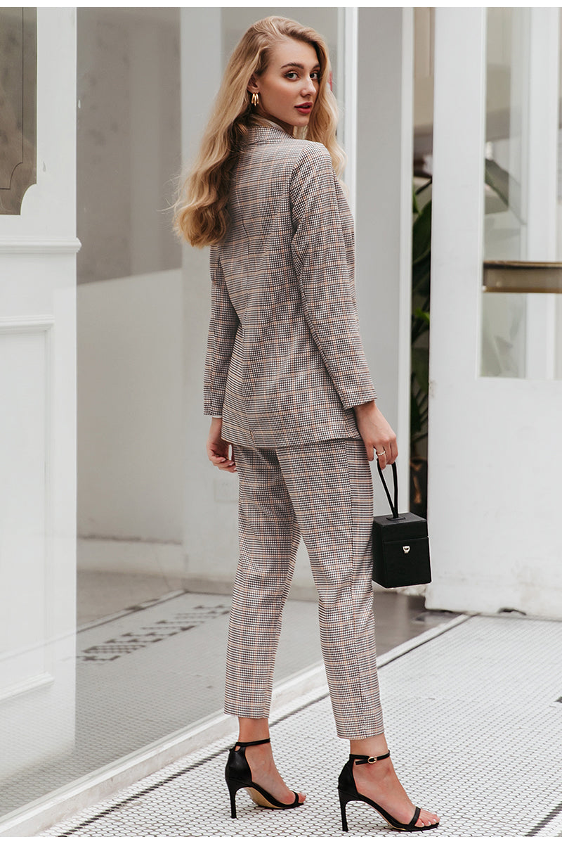 Khaki Plaid Loose Fit Blazer Suit Set