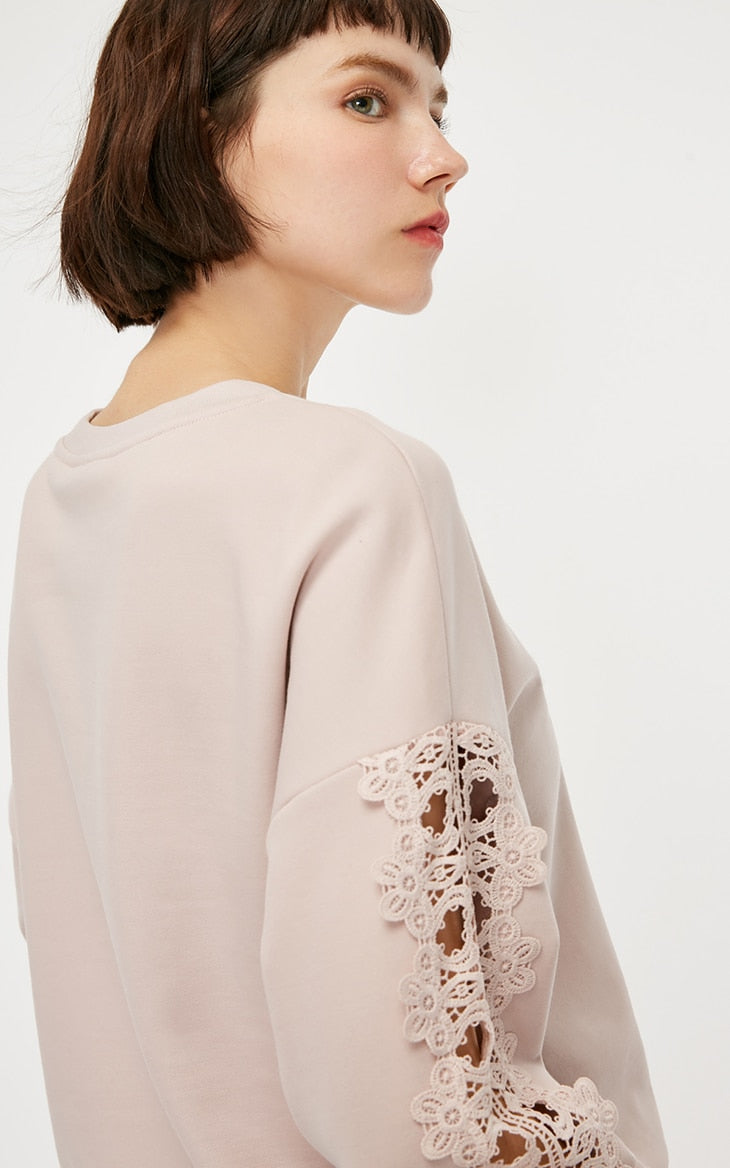 Lace Splice Sleeves Embroidery Sweatshirt