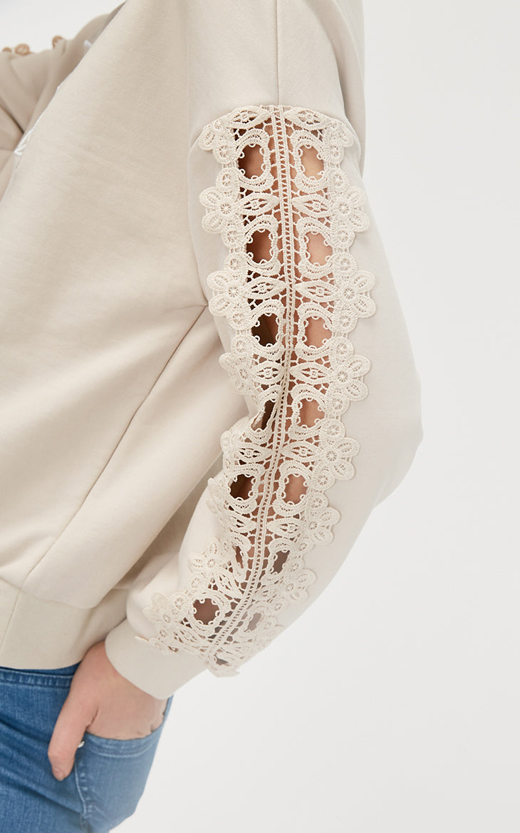 Lace Splice Sleeves Embroidery Sweatshirt