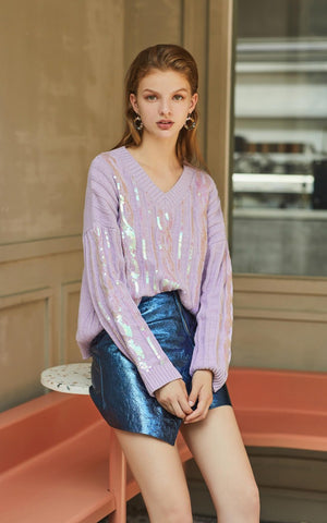 Lavender V-Neck Paillette Sweater