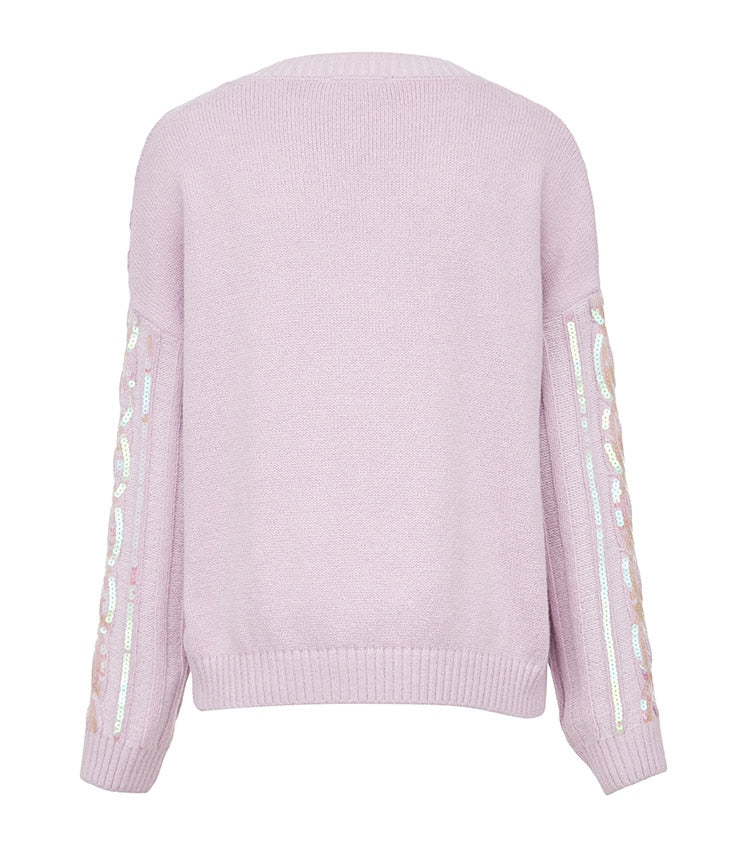 Pink Tint V-Neck Paillette Sweater