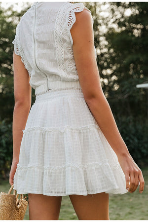 White Lace Ruffle Cropped Top and Skirt Set