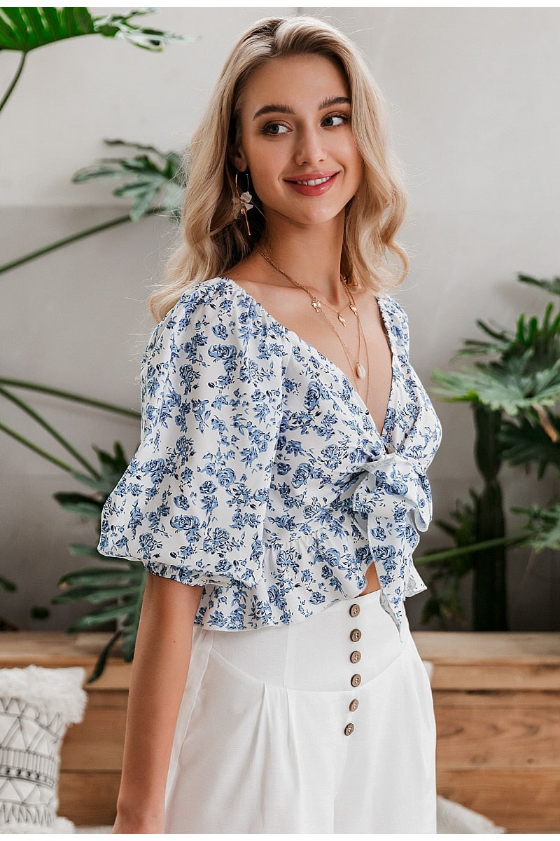 Biscus Floral Front Bow Blouse