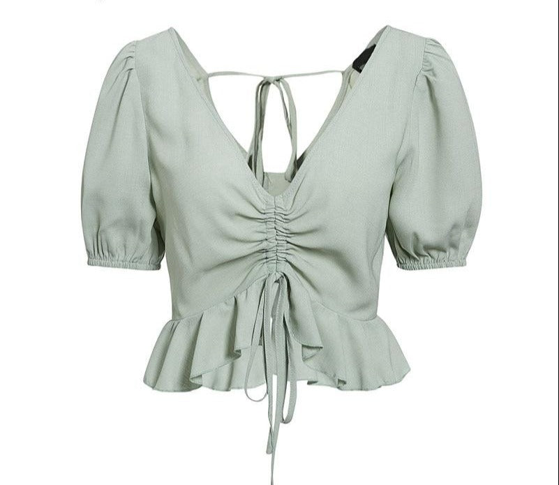 Minty Green Lace Up Ruched Top