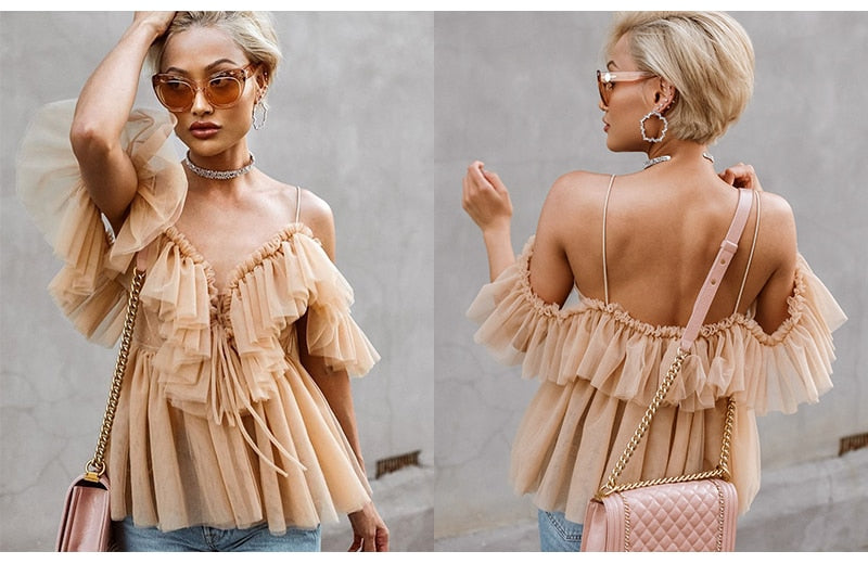 Julia Tulle Off Shoulder Ruffle Top | Dusty Pink