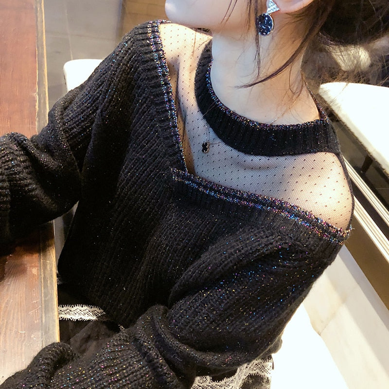Lace Cuff Mesh Collar Sweater
